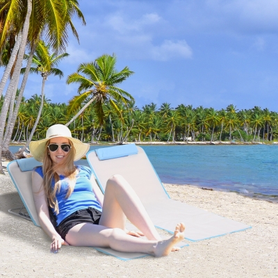Outsunny 2 Pieces Beach Lounge Chair, Outdoor Folding Chaise Lounge Set w/ Pillow for Sunbath, Snap, Beige