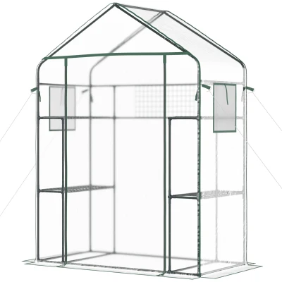 Outsunny Walk-in Greenhouse with 4 Shelves, 56" x 29" x 77" Mini Greenhouse ,Roll-Up Door, Mesh Windows for Seedling, Flowers, Plant Growing, Clear