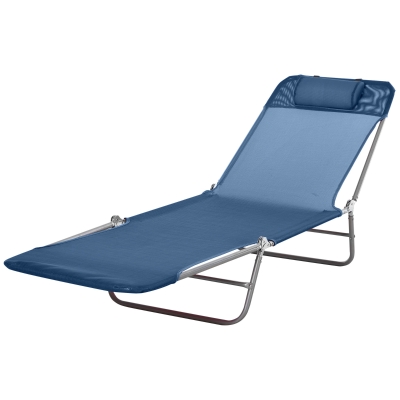 Outsunny Outdoor Lounge Chair, Portable Adjustable Reclining Seat Folding Chaise Lounge Patio Camping Beach Tanning Chair Bed with Pillow, Dark Blue