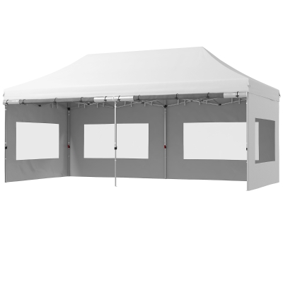Outsunny 20' x 10' Folding Pop Up Canopy Tent with Sidewalls,  Windows, Weight Bags and Carrying Bag, White