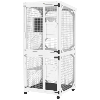 PawHut Catio Outdoor, Elevated Design, with Wheels, Resting Box, Water-Resistant, Multi Platforms, White