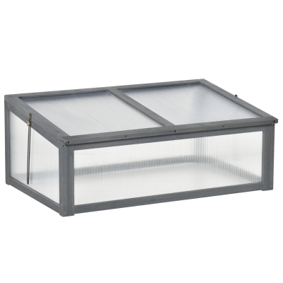 Outsunny 39" x 26" x 16" Wooden Cold Frame with Openable and Tilted Top Cover, Small Polycarbonate Planter Box for Flowers, Vegetables, Plants, Grey