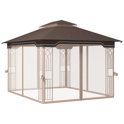 Outsunny 10' x 12' Patio Gazebo, Outdoor Canopy with Netting, Brown