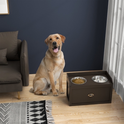 PawHut Elevated Dog Bowls Raised Pet Feeding Station with Storage 2 Stainless Steel Bowls, 23.6"x11.8" x14.2", Coffee