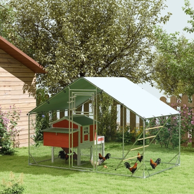 PawHut Large Metal Chicken Run with Waterproof & UV-Resistant Cover, Feeding Door, Hanging Feeder, Perch for 6-8 Chickens