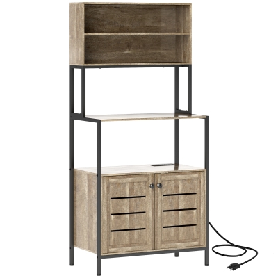 HOMCOM Baker's Rack with Power Outlet & Storage, Gray Wood Grain