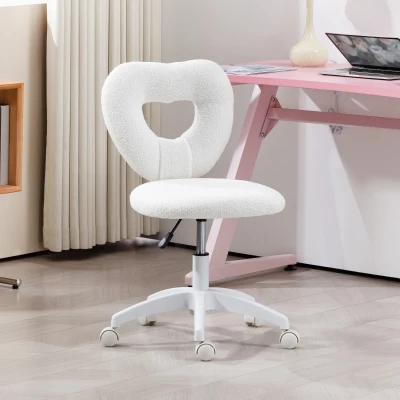 HOMCOM Armless Teddy Fleece Vanity Chair with Swivel Wheels, White