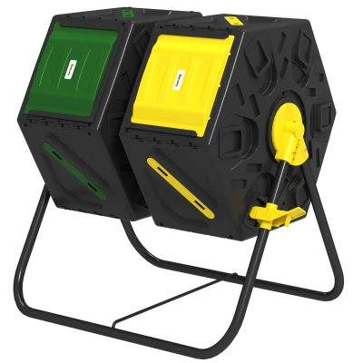 Outsunny Rotating Composter, Dual Chamber Compost Bin with 24 Vents and Steel Legs, 34.5 Gallon, Yellow and Green