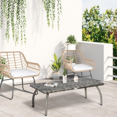 Outsunny Rattan Coffee Table Outdoor Side Table, 35.4" x 19.7" Small Wicker Patio Furniture with All-Weather PE for Garden, Balcony, Backyard, Poolside, Grey