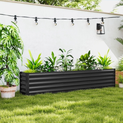 Outsunny 8 x 1.3 x 1.5ft Galvanized Raised Garden Bed, Reinforced Outdoor Planter Box with Open Bottom, Dark Grey