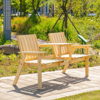 Outsunny Garden Bench for 2 Persons with Middle Table and Umbrella Hole, 2-Seater Outdoor Wooden Bench with Slat Design, Natural