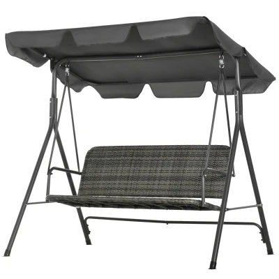Outsunny 3 Seater Rattan Outdoor Patio Swing with Adjustable Canopy and Stand for Garden Porck Backyard, Grey