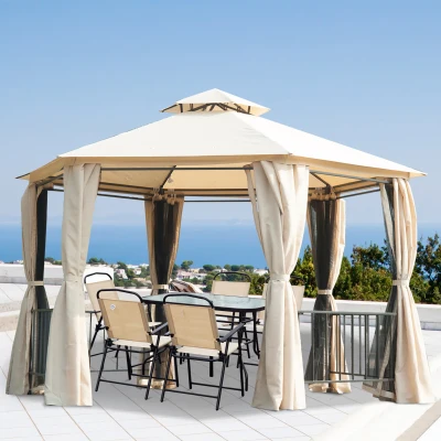 Outsunny 13' x 13' Patio Gazebo, Hexagon Canopy with Netting, Beige