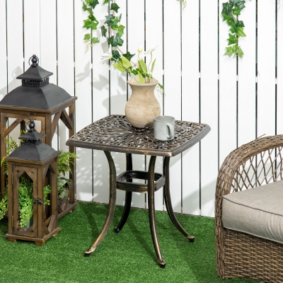 Outsunny Aluminium Outdoor Side Table with Umbrella Hole, 21" Square Patio Coffee Table End Table, Bronze
