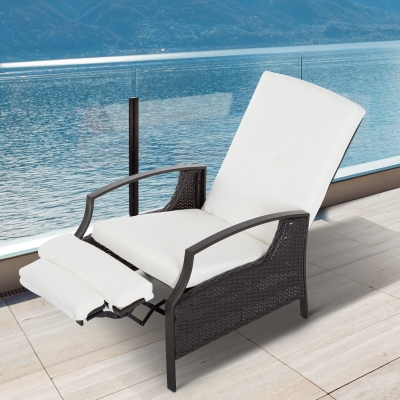 Outsunny Outdoor Rattan Recliner Chair, Wicker Reclining Chair with Adjustable Back Retractable Footrest Cushion White