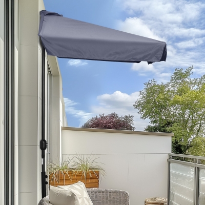 Outsunny 7.5ft Half Umbrella Semi Patio Parasol with Crank Handle, Top Vent for Garden, Balcony- NO BASE INCLUDED, Grey