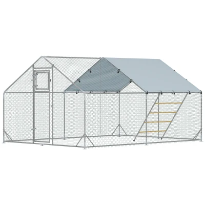 PawHut Large Metal Chicken Run with Waterproof & UV-Resistant Cover, Feeding Door, Hanging Feeder, Perch for 12-18 Chickens