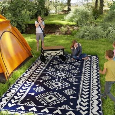 Outdoor Rug 215.7" x 107.9" x 0.12" Blue & White Rhombus Patchwork