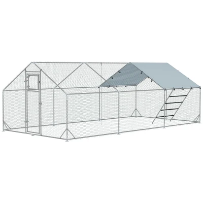 PawHut Large Metal Chicken Run with Waterproof & UV-Resistant Cover, Feeding Door, Hanging Feeder, Perch for 18-24 Chickens