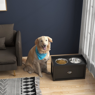 PawHut Elevated Dog Bowls Raised Pet Feeding Station with Storage 2 Stainless Steel Bowls, 23.6"x11.8" x14.2", Black