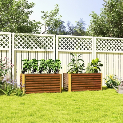 Outsunny Set of 2 Galvanized Metal Planters for Outdoor Plants, 4' x 2' x 2' Raised Garden Bed, Distressed Dark Brown