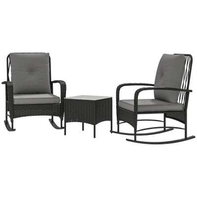 Outsunny 3 Pieces Rattan Bistro Set, Wicker Patio Furniture with Rocking Chairs, Thick Cushions for Porch Balcony, Grey