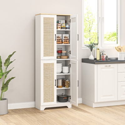 HOMCOM 67" Tall Kitchen Pantry, Freestanding Kitchen Storage Cabinet with 4 Rattan Doors and Adjustable Shelves, White