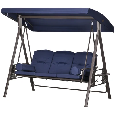 Outsunny Outdoor Patio 3-Person Steel Canopy Cushioned Seat Bench Swing with Included Side Trays & Padded Comfort, Dark Blue