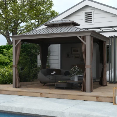Outsunny 10' x 12' Hardtop Gazebo, Dark Brown with Curtains