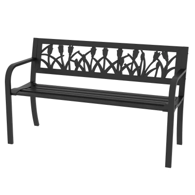 Outsunny 49" Metal Outdoor Bench Patio Bench with Curved Arms and Slatted Seat for Patio, Backyard, Lawn