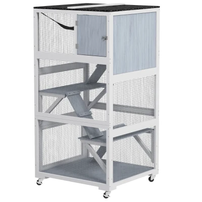 PawHut 34" L Catio Outdoor Cat Enclosure on Wheels with Hammock Multiple Platforms Resting Condo Ramps for 1-3 Cats, Grey