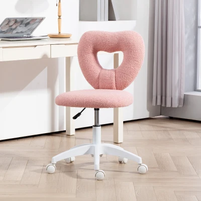 HOMCOM Teddy Fleece Armless Swivel Vanity Chair with Wheels, Pink
