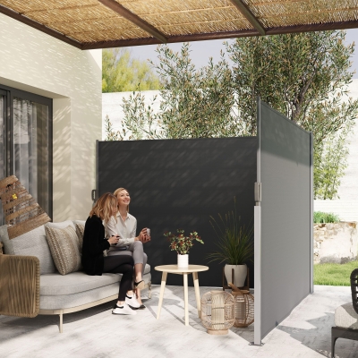 Outsunny Retractable Double Side Awning, 79"x236" Patio Privacy Screen, UV Resistant, Waterproof Wind Screen, Charcoal Grey