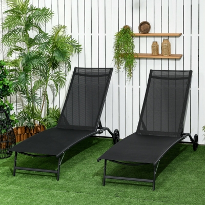 Outsunny 2PCs Lounge Chairs with Wheels, 5-Level Adjustable Backrest for Garden, Backyard, Patio, Deck, Poolside, White