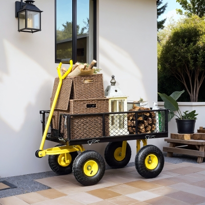 Outsunny Steel Garden Cart, Utility Wagon with Removable Sides, 10" Wheels, 180° Rotating Handle, 440lbs Capatity