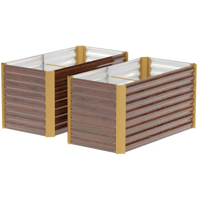 Outsunny Set of 2 Galvanized Metal Planters for Outdoor Plants, 4' x 2' x 2' Raised Garden Bed, Distressed Dark Brown