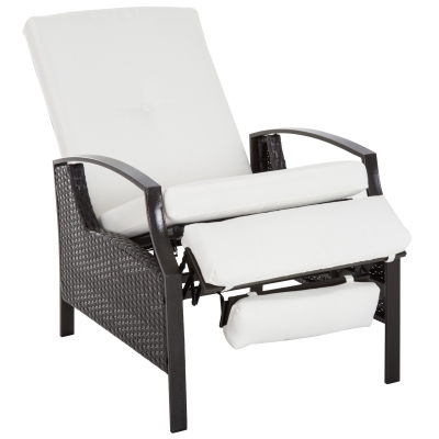 Outsunny Outdoor Rattan Recliner Chair, Wicker Reclining Chair with Adjustable Back Retractable Footrest Cushion White