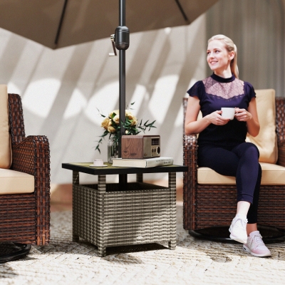 Outsunny 22" Square Steel PE Rattan Wicker Table With Umbrella Hole, Outdoor Patio Accent Dining Side Table Used as Umbrella Stand, Mixed-Grey