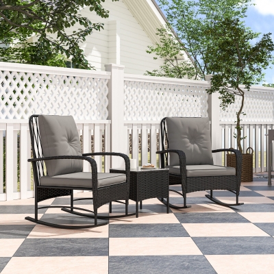 Outsunny 3 Pieces Rattan Bistro Set, Wicker Patio Furniture with Rocking Chairs, Thick Cushions for Porch Balcony, Grey