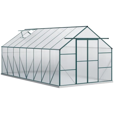 Outsunny 16' x 8' Aluminum Polycarbonate Greenhouse Walk-in Garden Greenhouse Kit with Adjustable Roof Vent, Rain Gutter and Sliding Door for Winter, Green