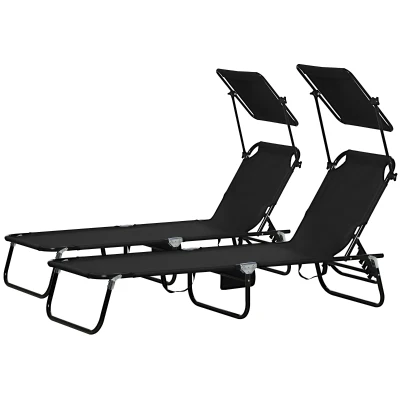 Outsunny 2 Piece Folding Outdoor Chaise Lounges, Pool, Sun, Tanning Chairs with Reclining Back, Sunshade for Beach, Patio, Black