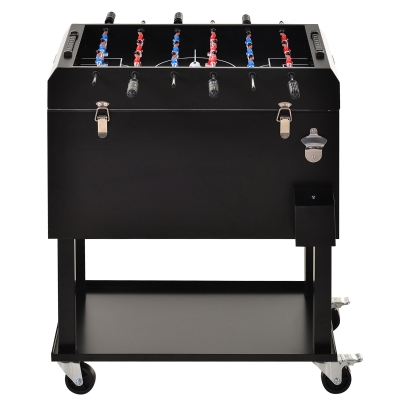 Outsunny 68QT Patio Cooler Ice Chest with Foosball Table Top, Portable Poolside Party Bar Cold Drink Rolling Cart on Wheels with Tray Shelf Black