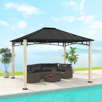 Outsunny 10' x 12' Hardtop Gazebo with Metal Roof, Wood Grain Frame Outdoor Gazebo Canopy for Patio, Garden, Backyard, Lawn