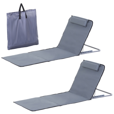 Outsunny 2 Pieces Beach Lounge Chair, Outdoor Folding Chaise Lounge Set w/ Pillow for Sunbath, Snap, Grey