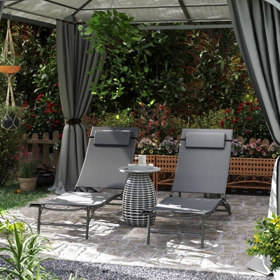 Outsunny Folding Outdoor Chaise Lounge Chair Set of 2 with Adjustable Backrest, Headrest, Mesh Seat for Beach, Poolside, Grey