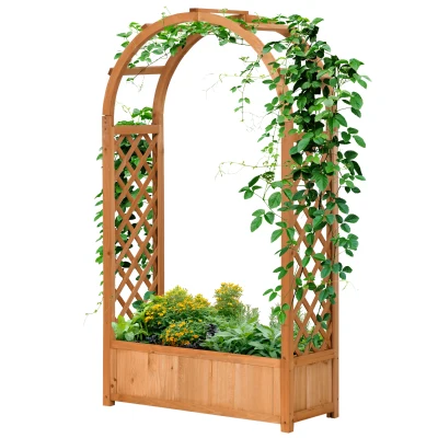 Outsunny Raised Garden Bed with Arch Trellis, Freestanding Outdoor Planter Box for Vine Climbing Plant Flower Herb, Brown