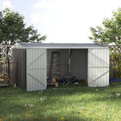 Outsunny 14' x 8' Galvanized Steel Storage Shed, Garden Shed with Lockable Doors, Air Vents for Backyard, Patio and Lawn, Grey