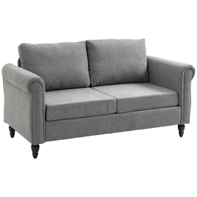 HOMCOM Vintage Loveseat, Upholstered Love Seat Furniture, Chenille-feel Fabric 2 Seater Sofa Couch with Rolled Arms, Gourd-Shaped Rubber Wood Legs for Living Room, Light Grey