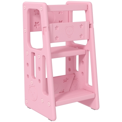 Qaba Toddler Kitchen Helper 2 Step Stool with Adjustable Height Platform and Safety Rail, Pink
