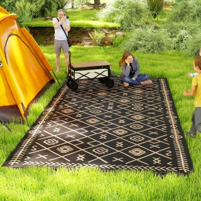 Outdoor Rug 215.7" x 107.9" x 0.12" Black and Brown Rhombus